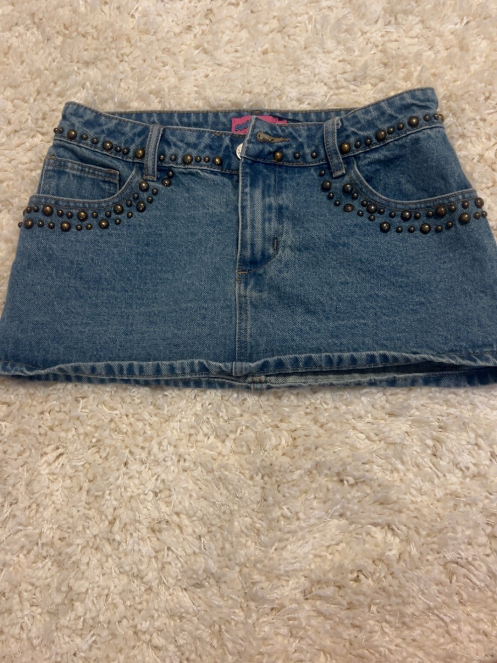 Edikted Blue Denim Mini Skirt with Stud Embellishments